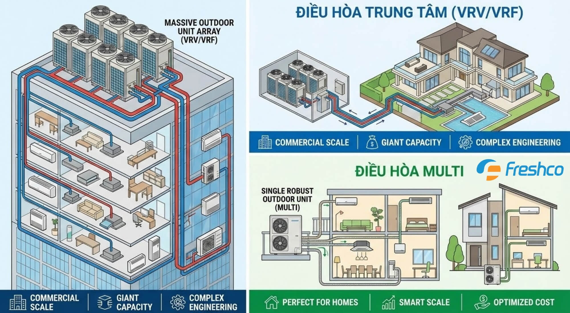 Điều hòa Multi so với Điều hòa trung tâm (VRV_VRF)